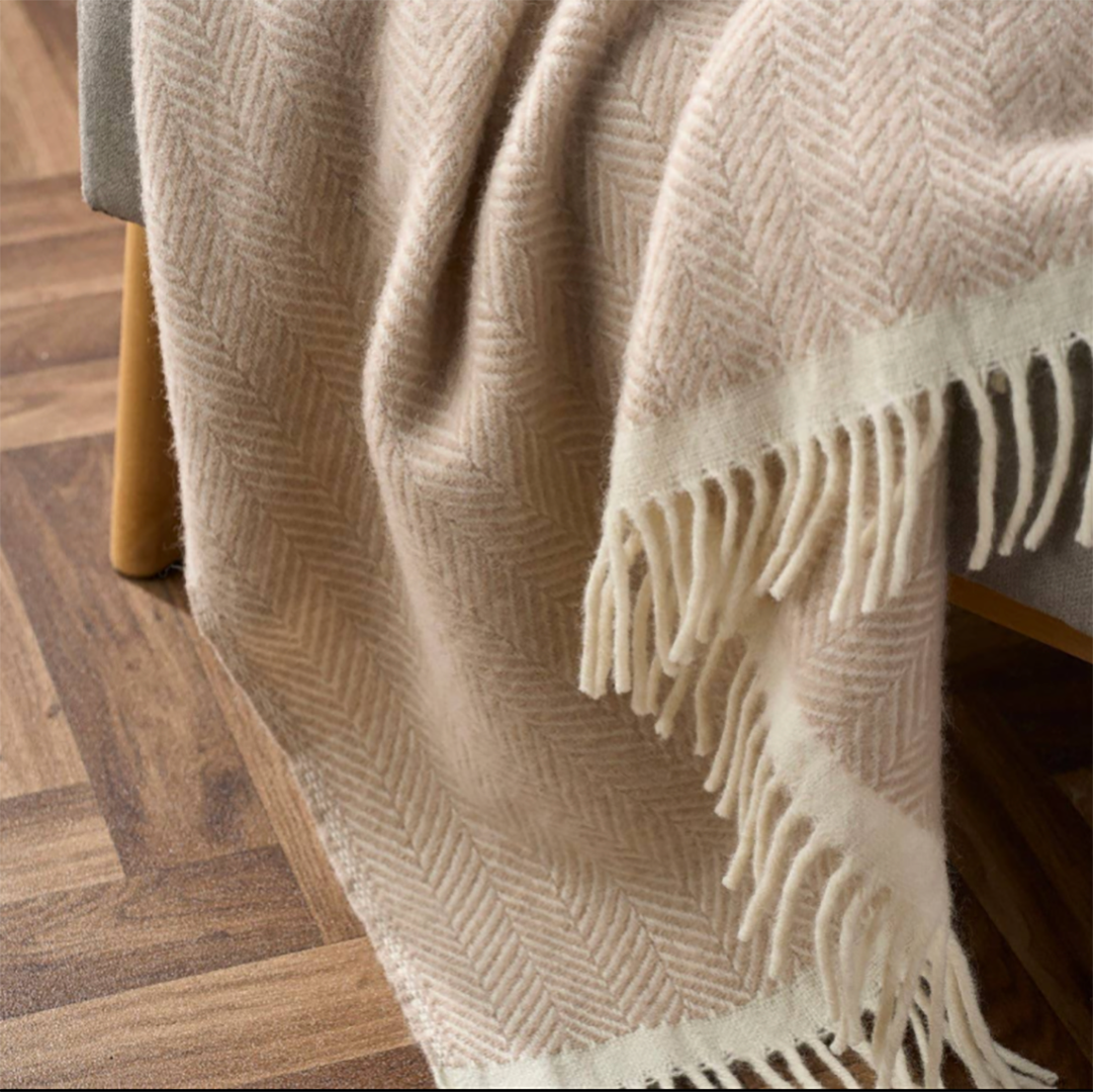 Clifton Herringbone Woollen Blanket: Bath Stone