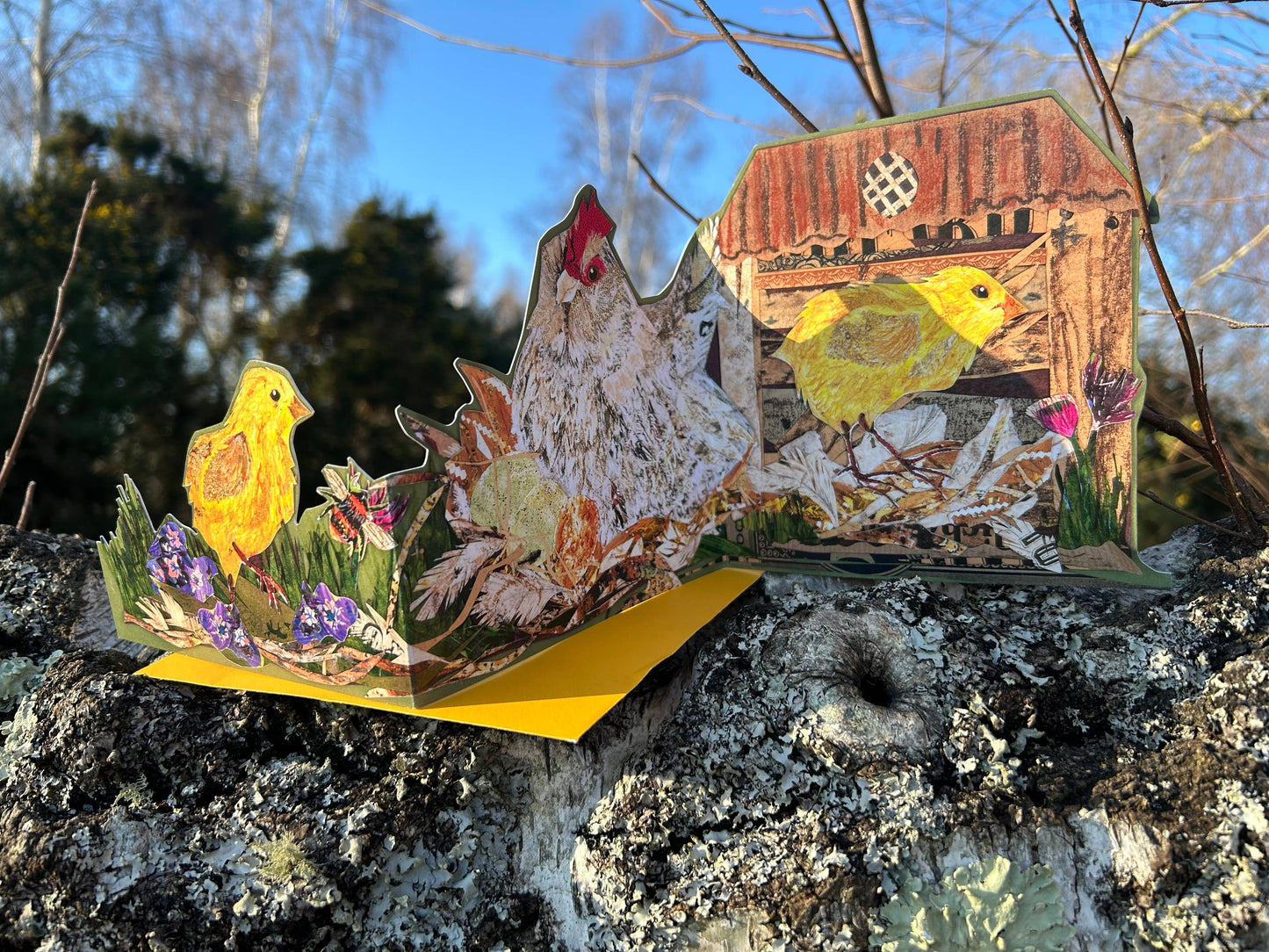 Easter Hen die cut trifold greeting card 
