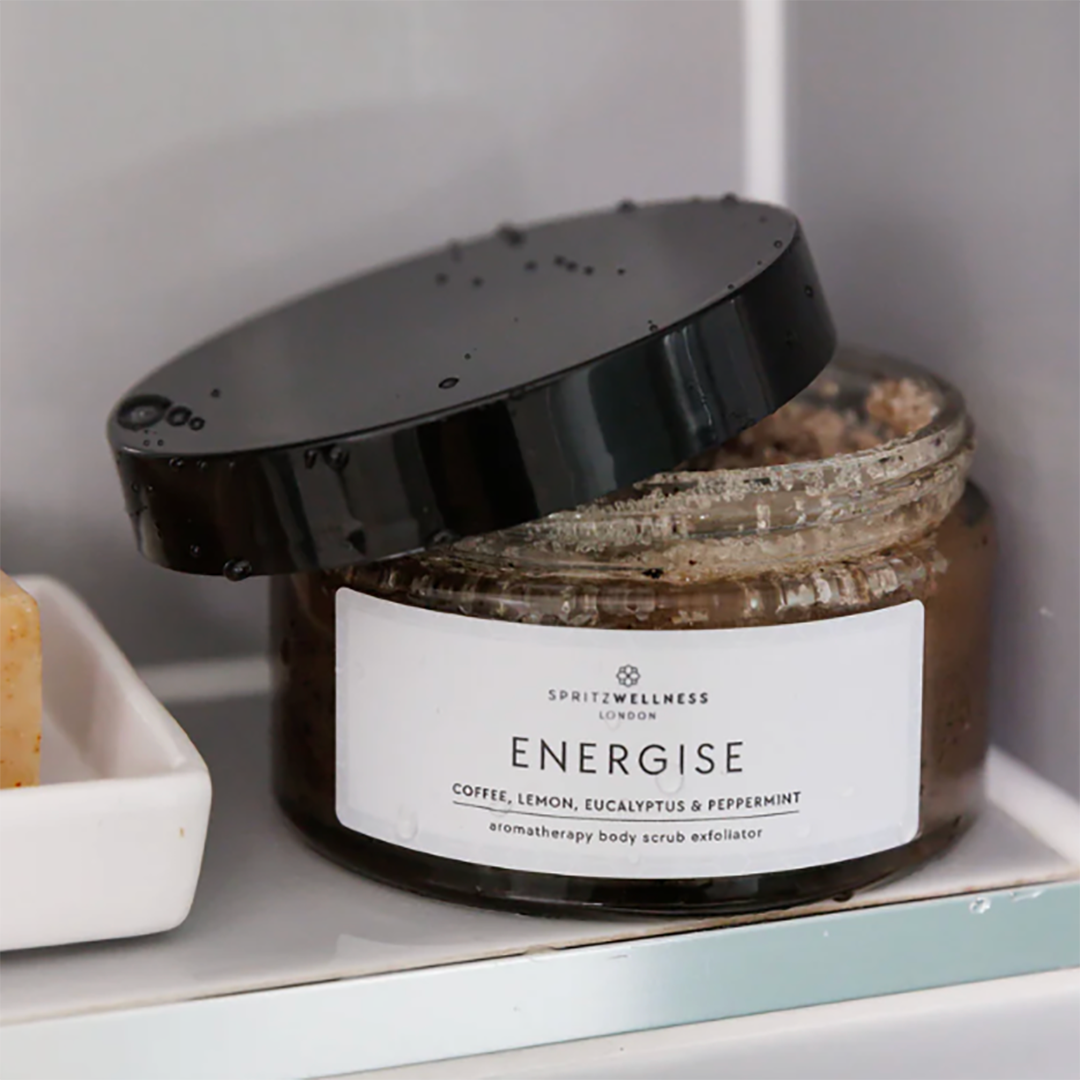 Energising Essential oil body scrub in glass jar