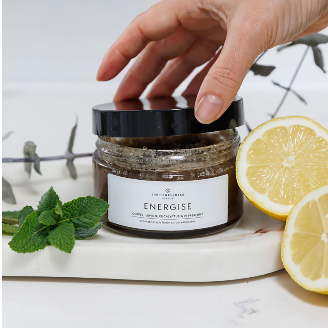 Energising Essential oil body scrub in glass jar