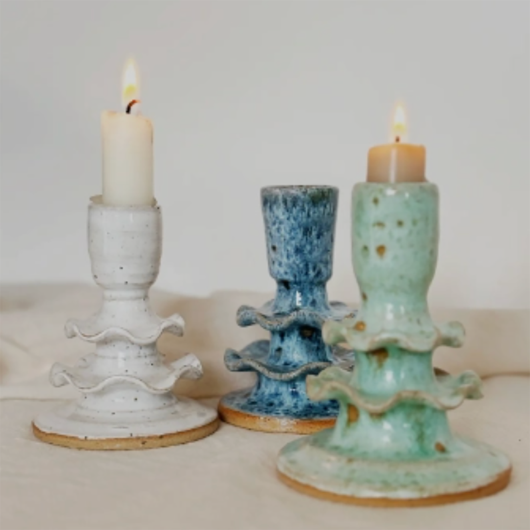 Handmade Frilly Ceramic Candlestick – Green, Blue & White Artisan Candle Holder