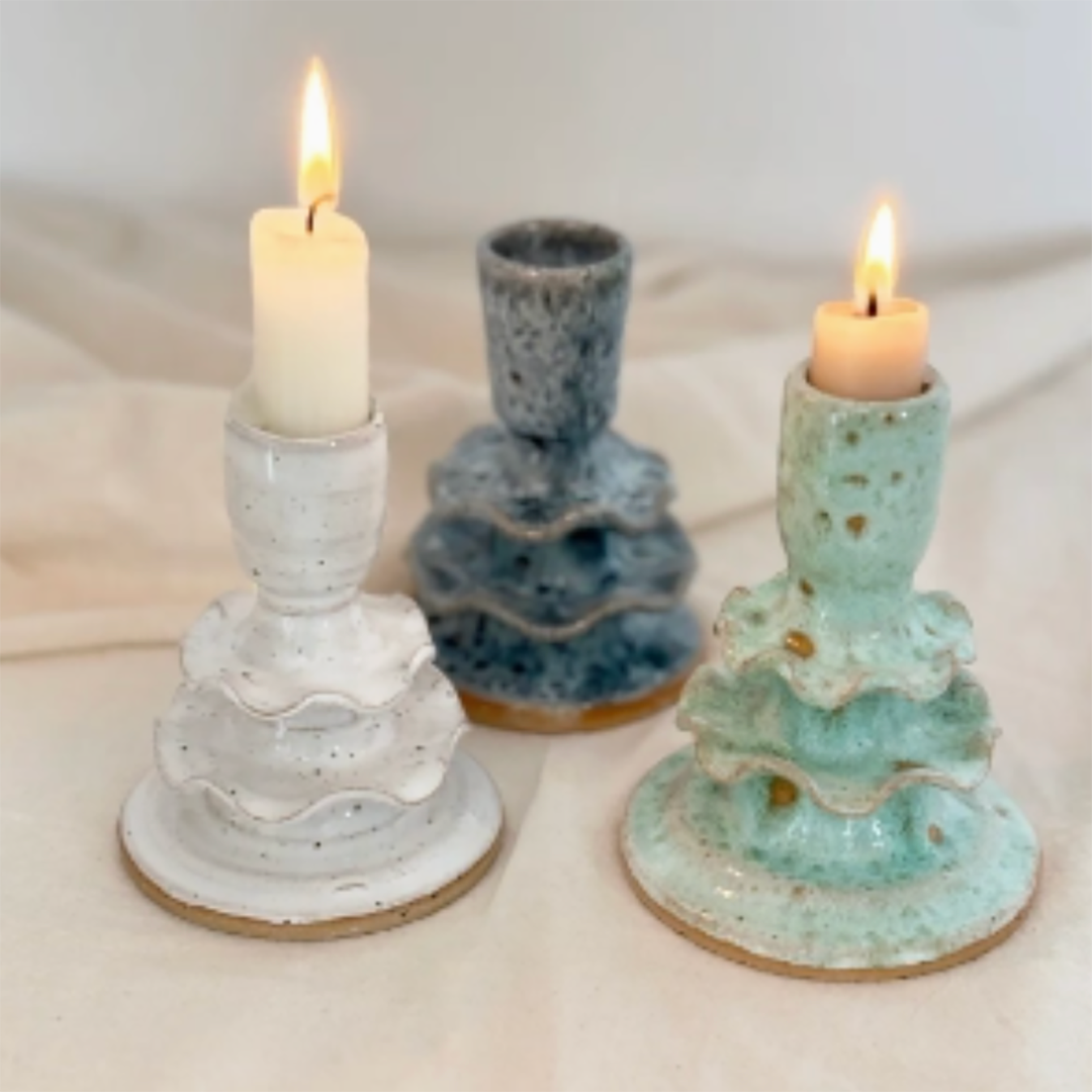 Handmade Frilly Ceramic Candlestick – Green, Blue & White Artisan Candle Holder