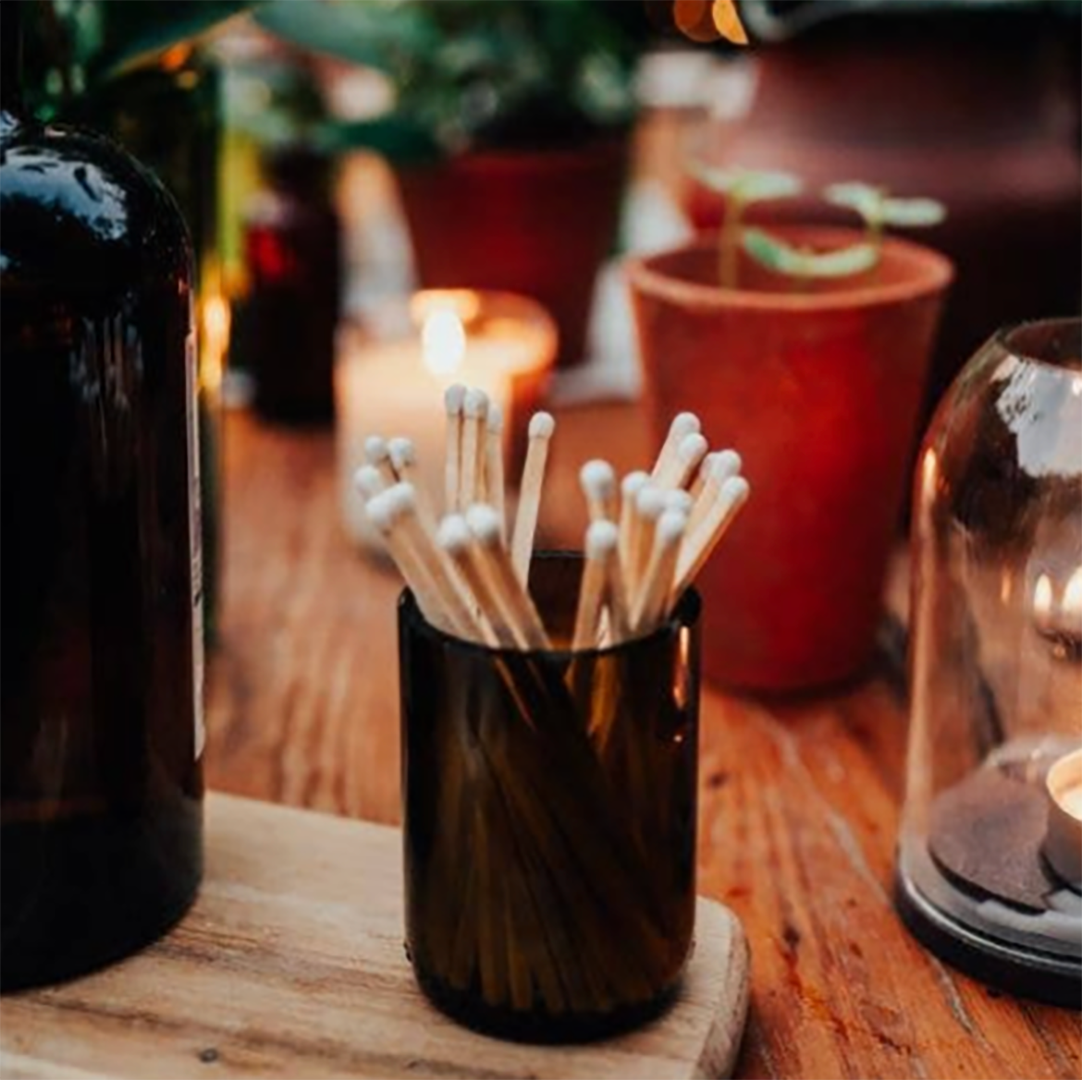 Olive Glass Pot With Long Matches