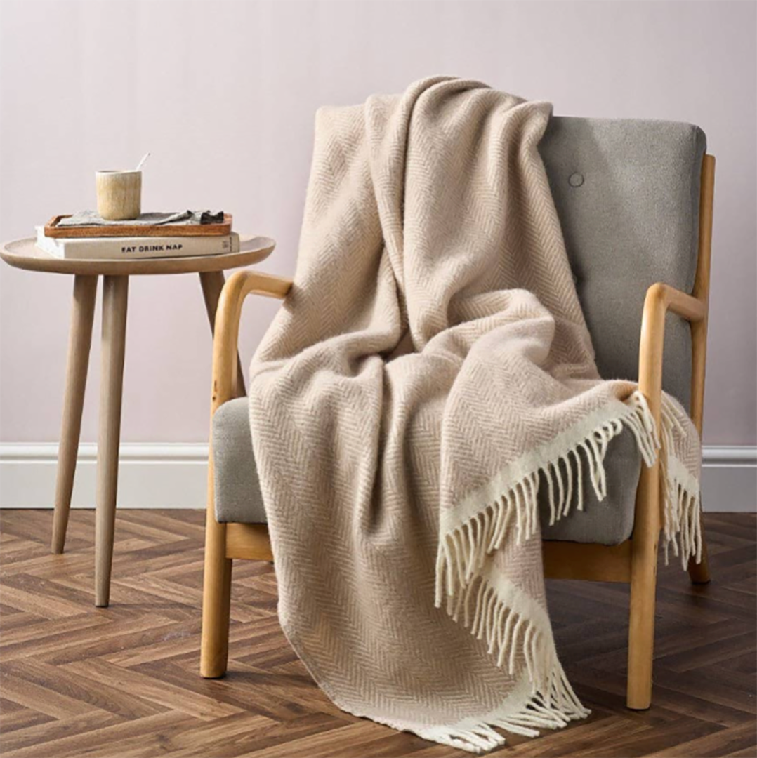 Clifton Herringbone Woollen Blanket: Bath Stone
