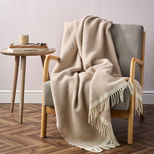 Clifton Herringbone Woollen Blanket: Bath Stone